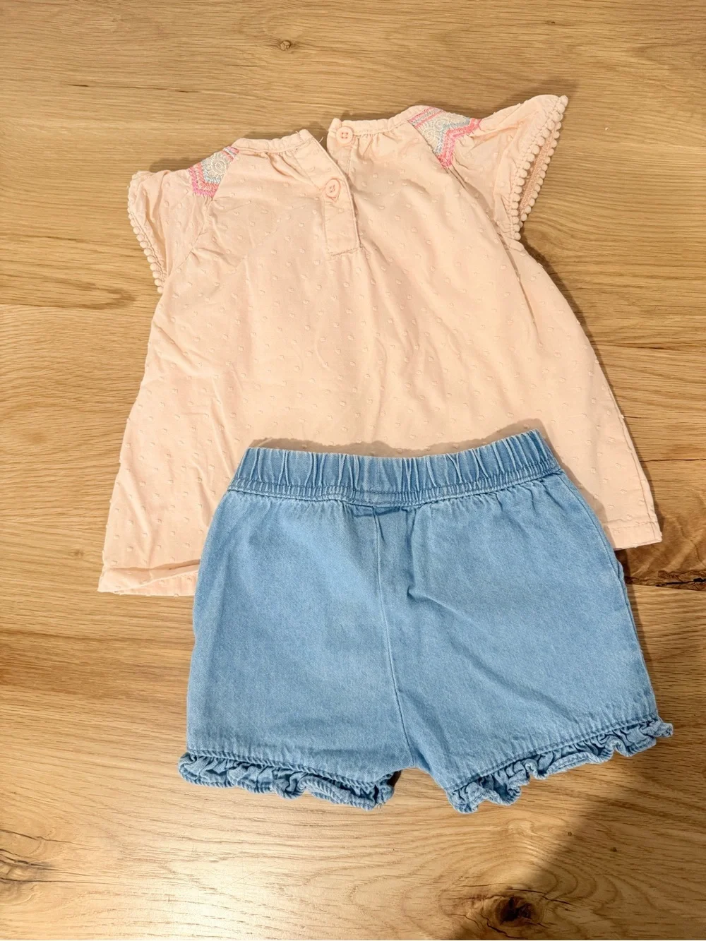 Peach Smocked Flutter Sleeve Top & Light Blue Denim Nicole Miller Shorts Set